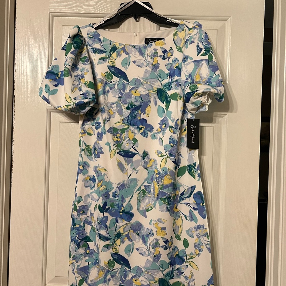 Jessica Howard Blue and Green Puff Sleeve Sheath Dress